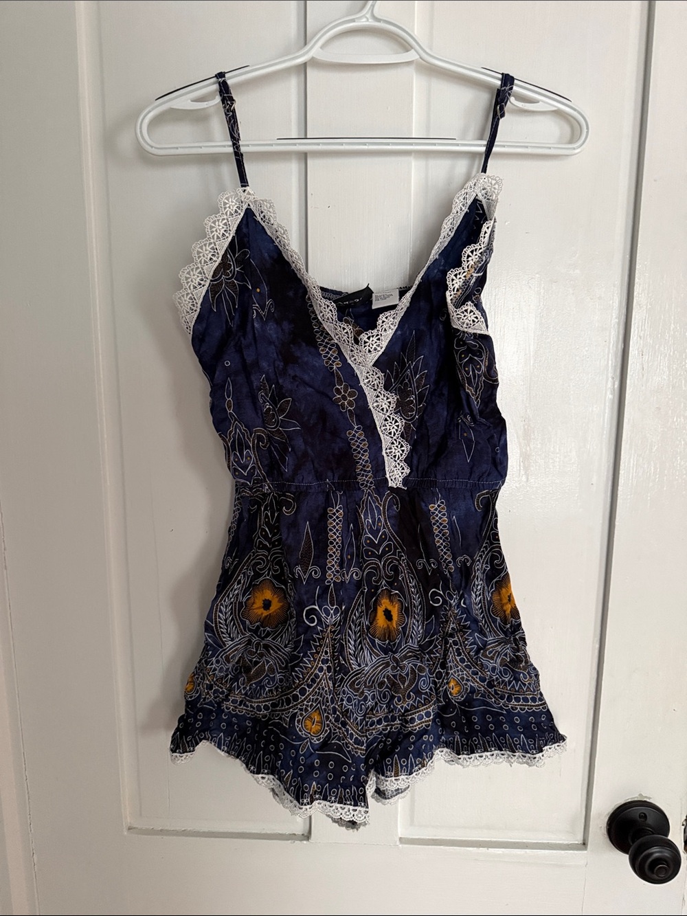 raya sun Navy Blue Lace-Trim Floral Romper